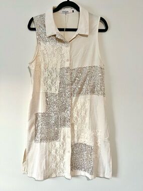ORIGAMI Cream Sleeveless Sequin & Lace Patchwork Dress/Duster with Side Pockets